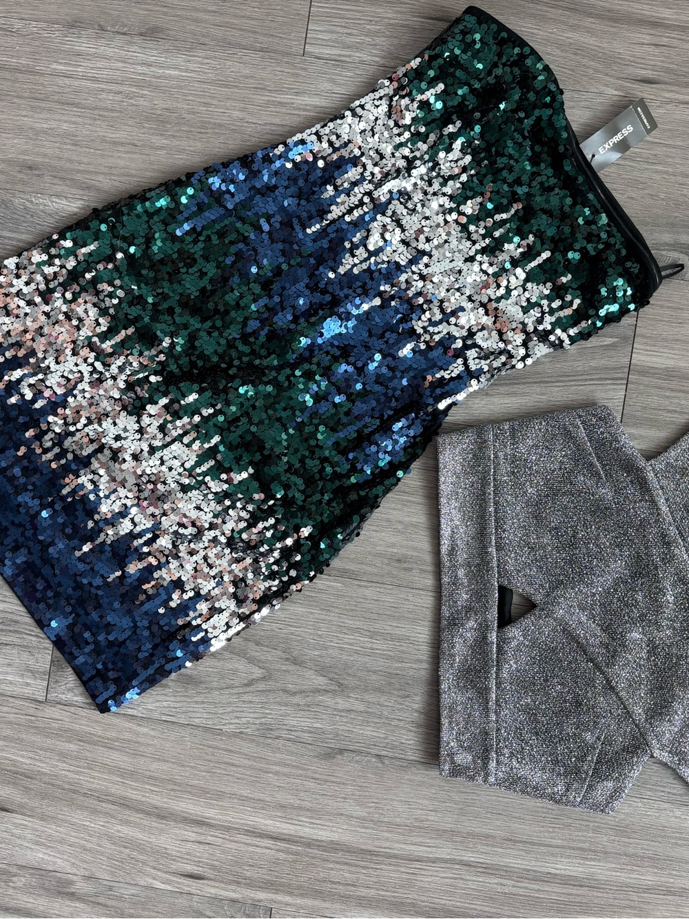 Express NWT Ombré Sequin Strapless Dress + Silver/Black Crop Top XS - NYE Fit 🔥